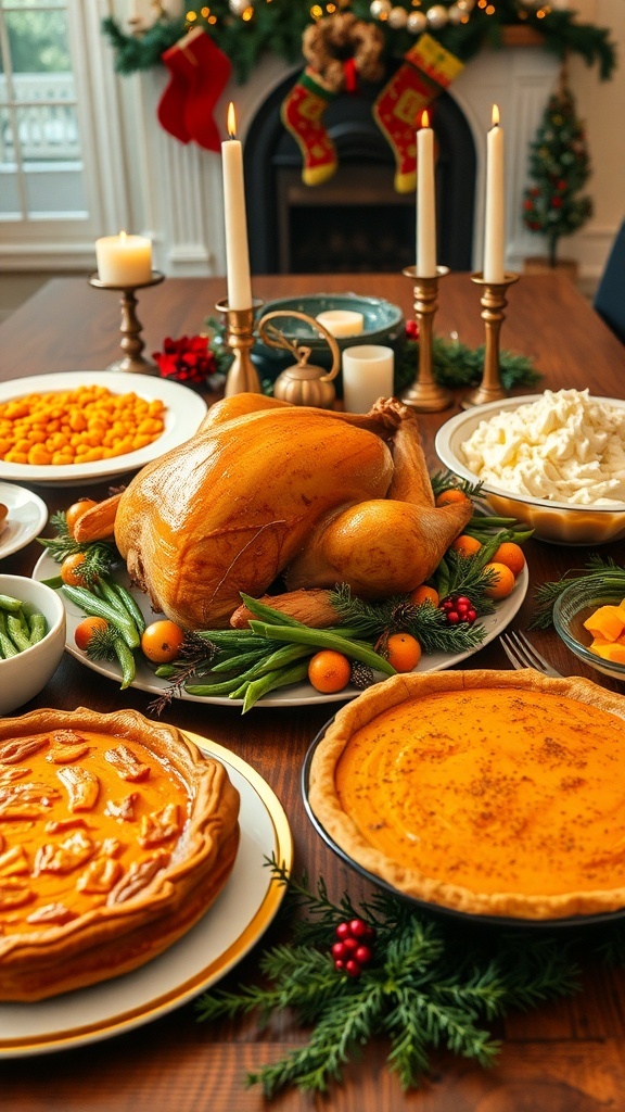 A festive Christmas dinner table with roasted turkey, green bean casserole, mashed potatoes, and pumpkin pie.